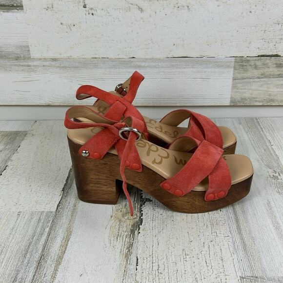 Sam Edelman Josefine Women’s 6.5 Coral Suede Strappy Sandals Wood Heel NEW - Picture 6 of 11